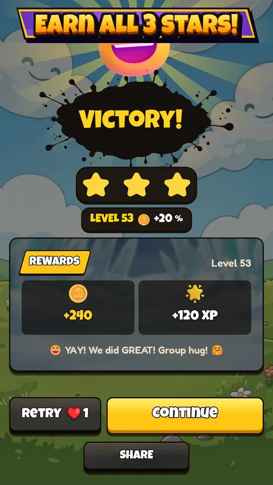 Victory screen with three stars and rewards